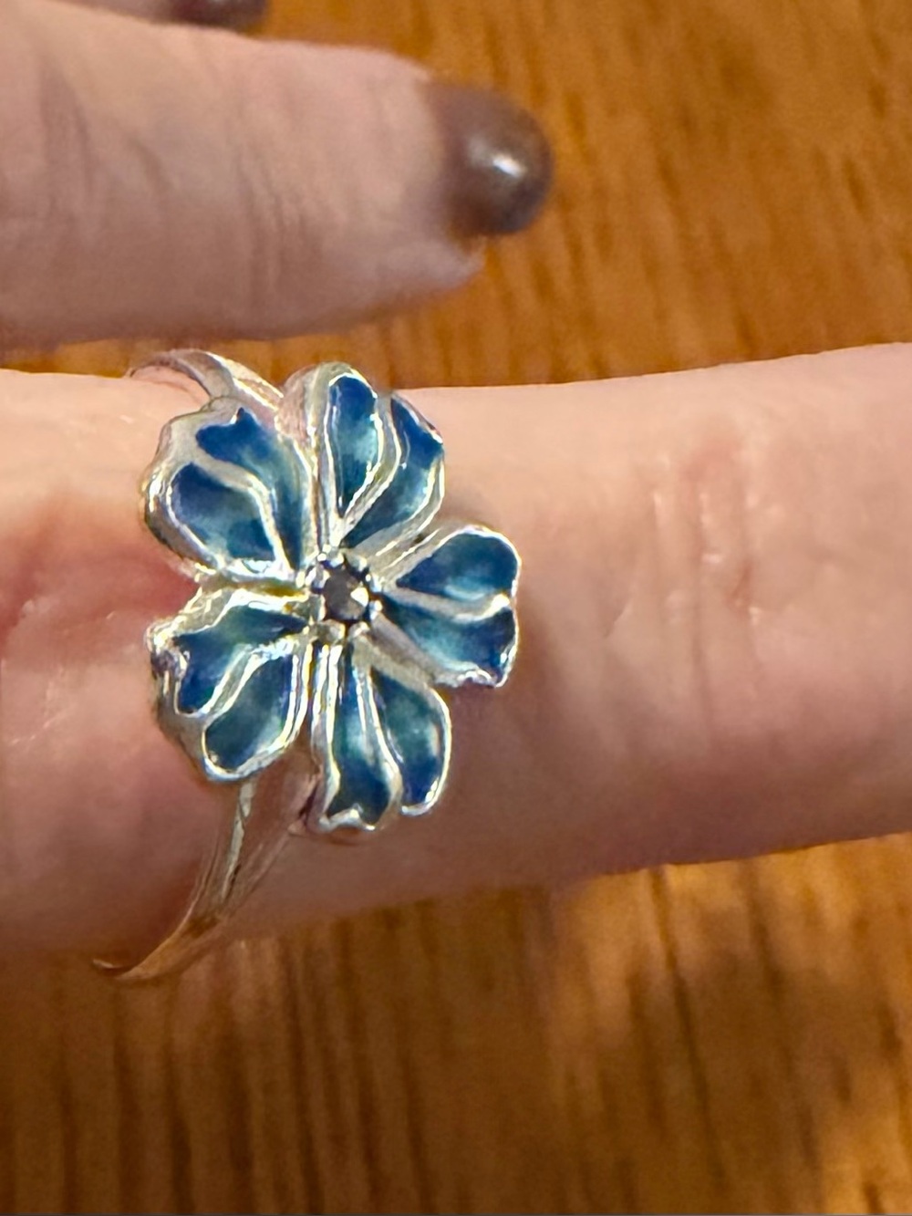 Sterling Silver 925 Blue Enamel Flower Ring - Women's Floral Statement Ring